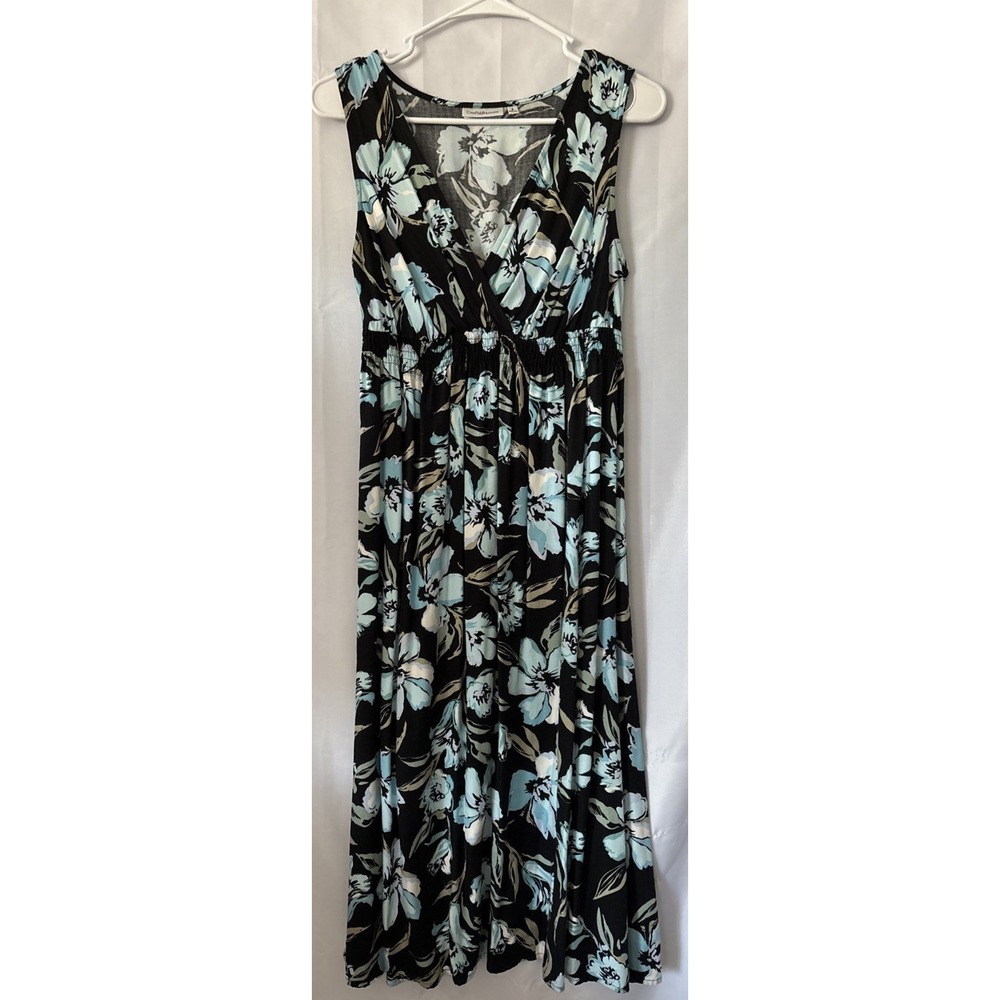 Boho Croft & Barrow Woman S Black Floral‎ Surplice Smocked Empire Midi Sun Dress